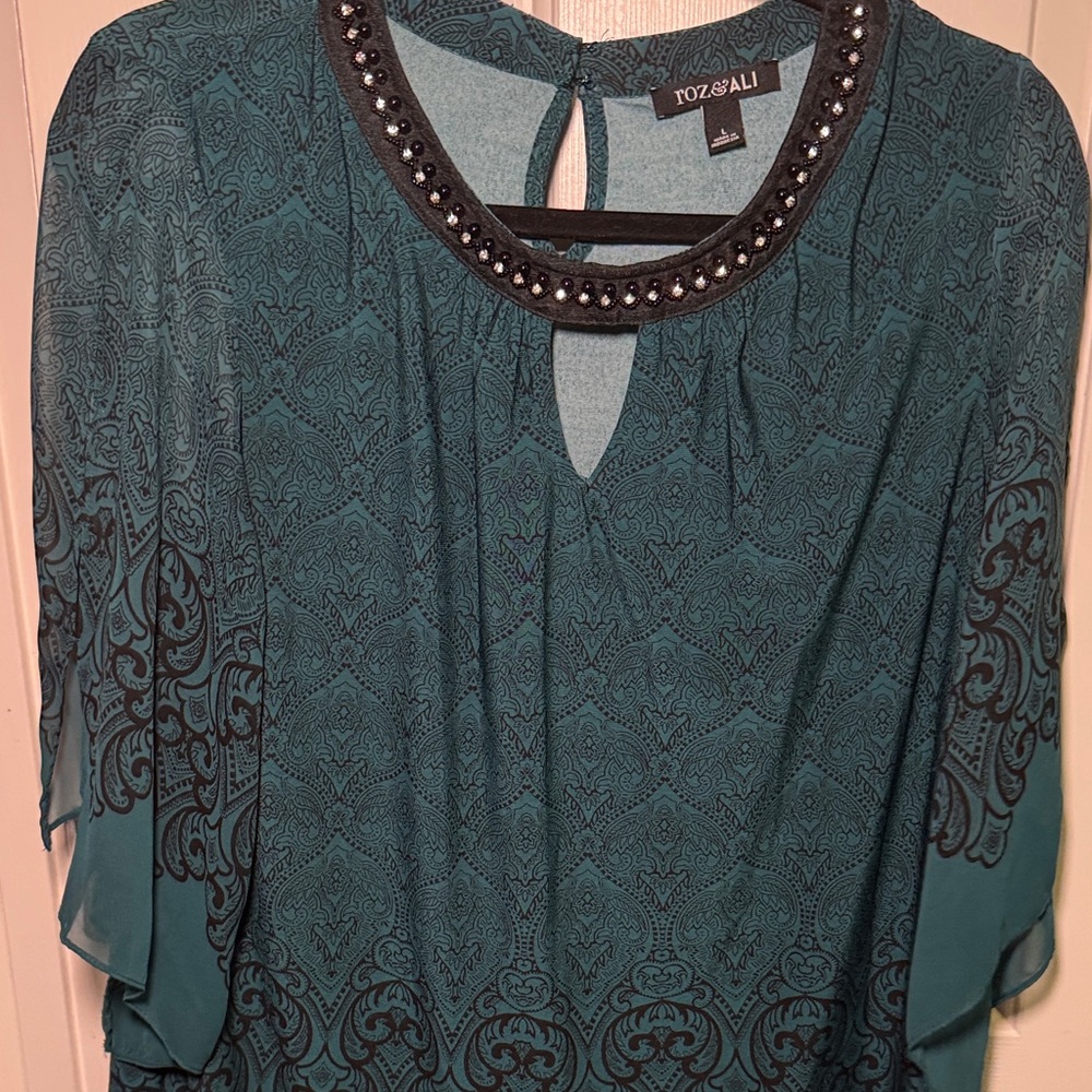 Roz & Ali Teal Blouse with Embellished Neckline